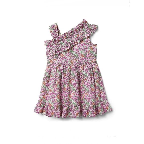 Girls' JANIE AND JACK Pink Floral Cotton Poplin Ruffle Asymmetric Dress, Size 5Y - Picture 9 of 10
